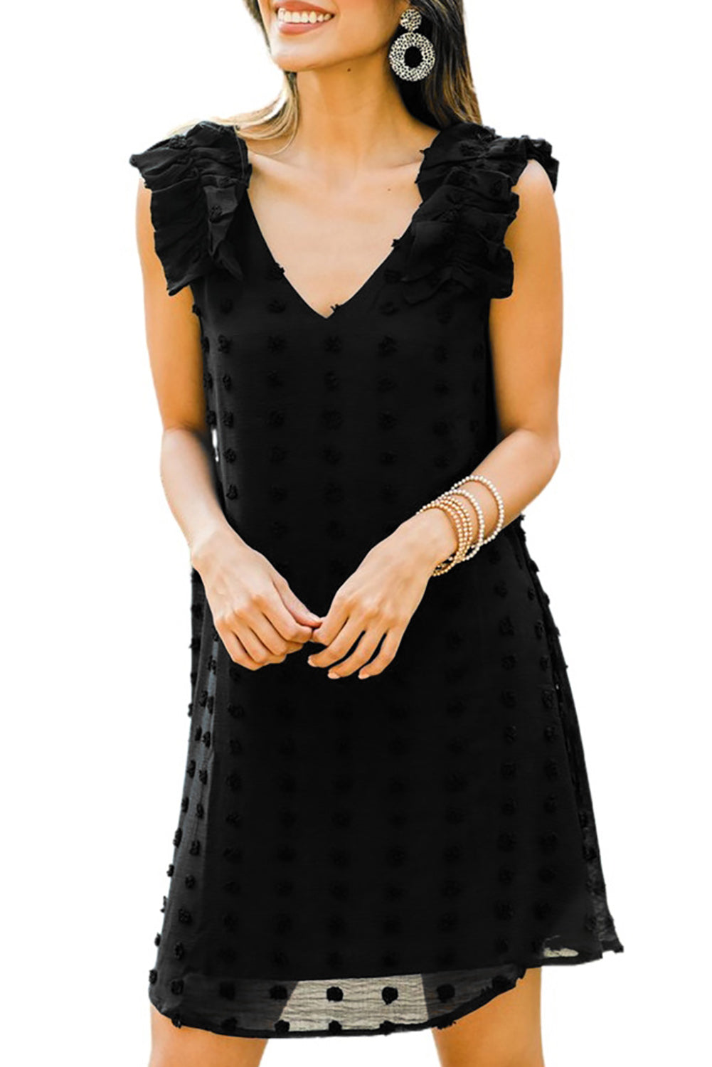 Black Swiss Dot V Neck Ruffled Sleeveless Mini Dress Mini Dresses JT's Designer Fashion