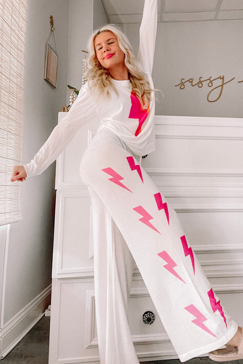 White Lightning Print Casual Wide Leg Long Sleeve Outfit Loungewear JT's Designer Fashion