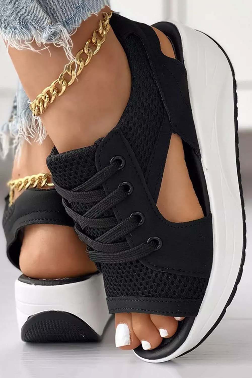 Black Mesh Lace-Up Peep Toe Wedged Sandals Sandals JT's Designer Fashion