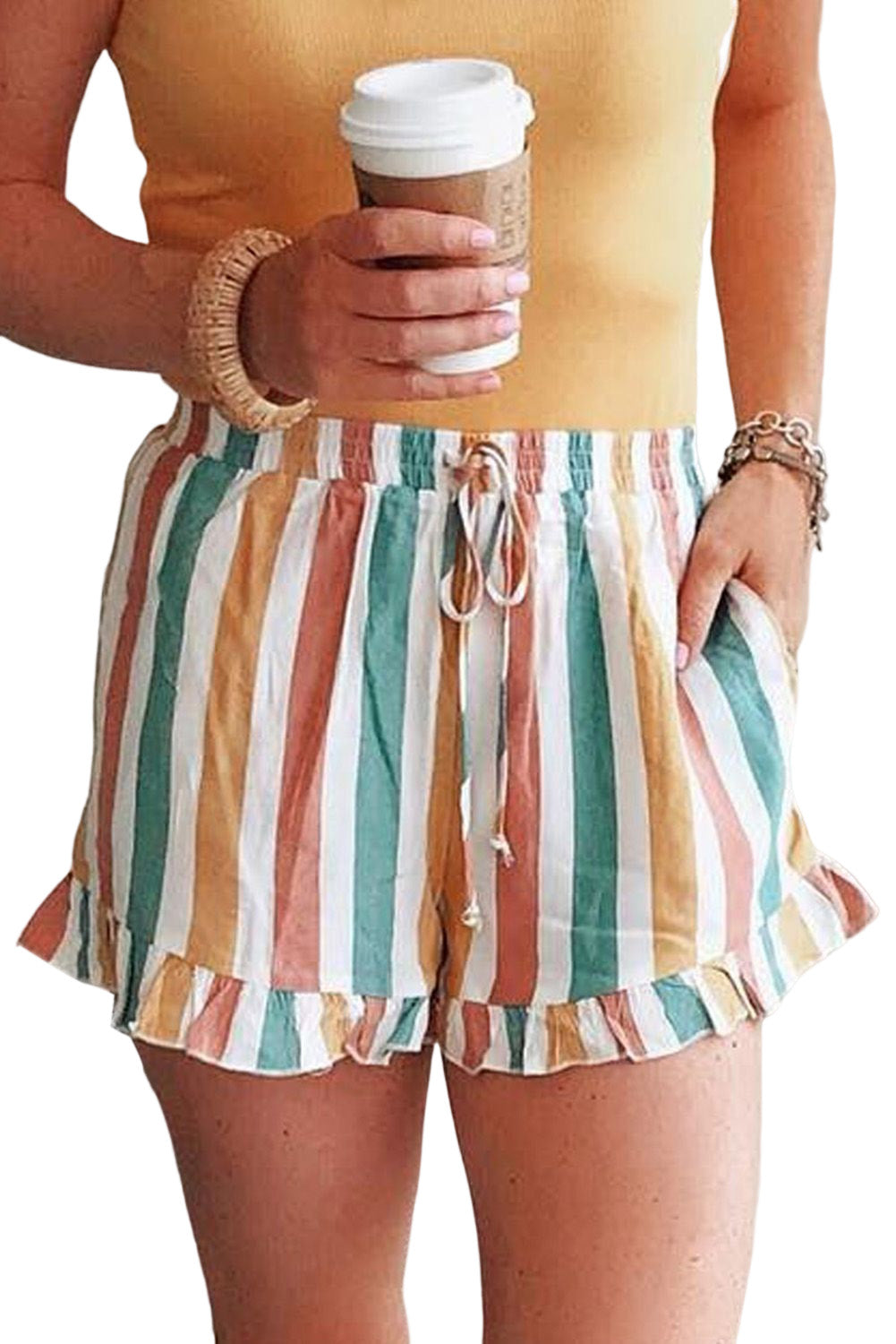Multicolor Striped Ruffle Hem Drawstring Shorts Casual Shorts JT's Designer Fashion