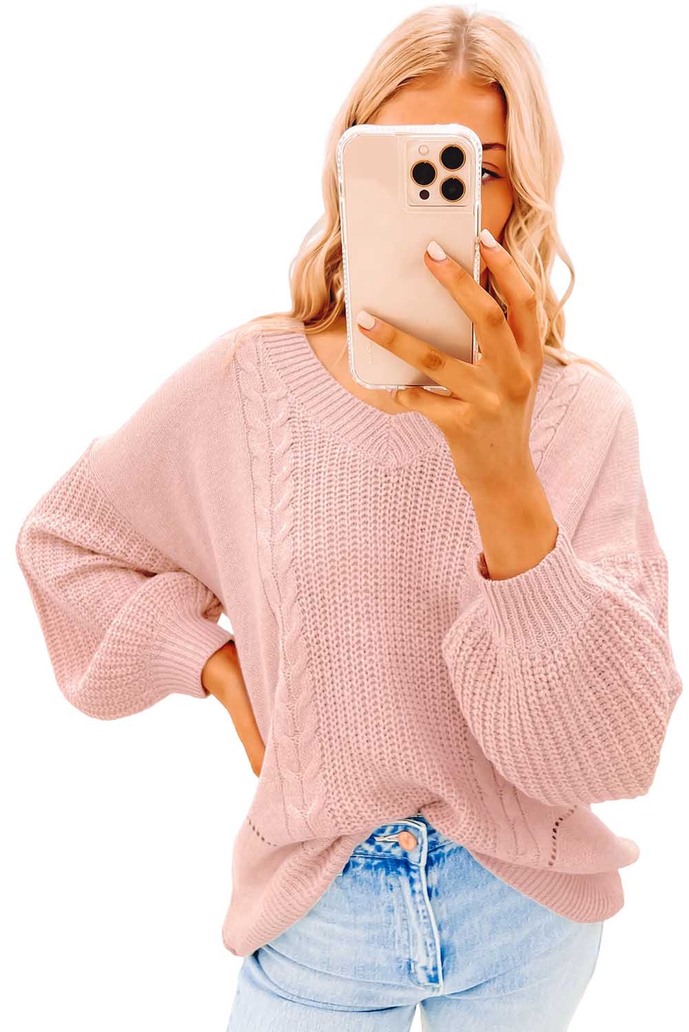 Pink V-Neck Long Sleeve Cable Knit Sweater Pre Order Sweaters & Cardigans JT's Designer Fashion