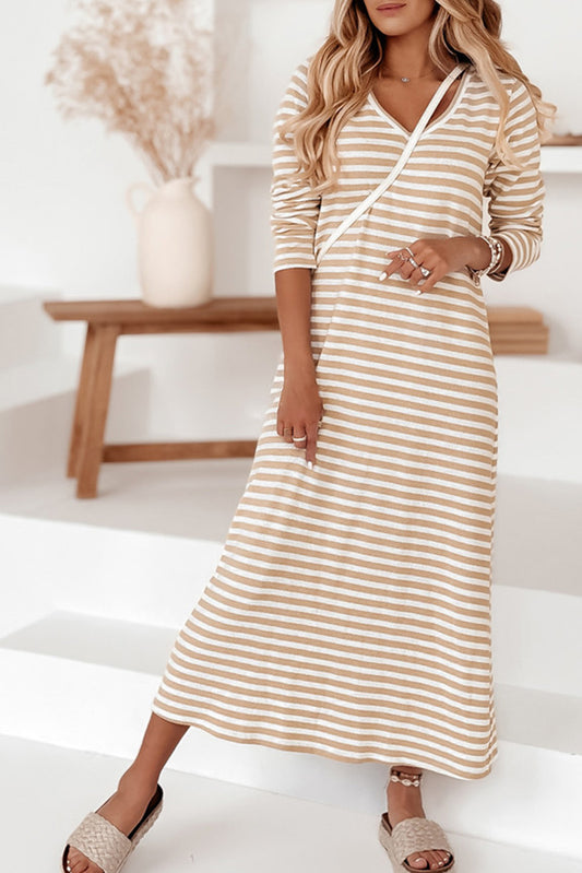 Khaki Striped V-neck Long Sleeve Casual Dress Dresses JT's Designer Fashion