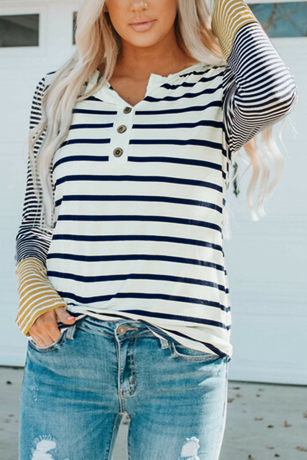 Long Sleeve Stripe Button Henley Top Stripe 60%Polyester+35%Viscose+5%Elastane Long Sleeve Tops JT's Designer Fashion