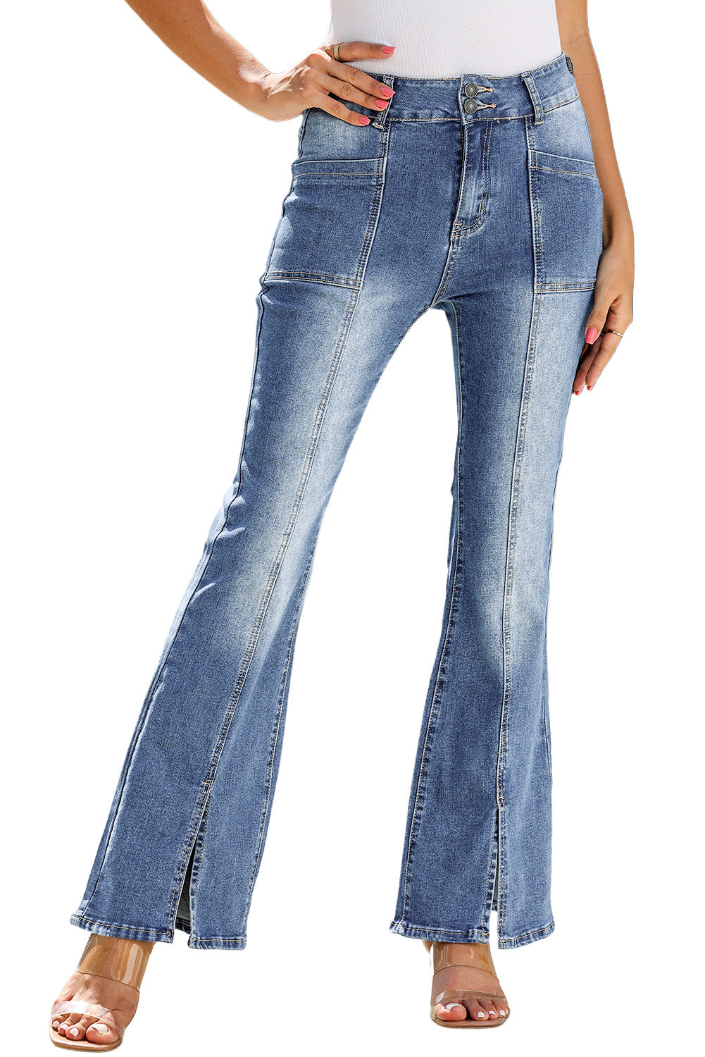 Sky Blue Exposed Seam Split Flare Jeans Jeans JT's Designer Fashion