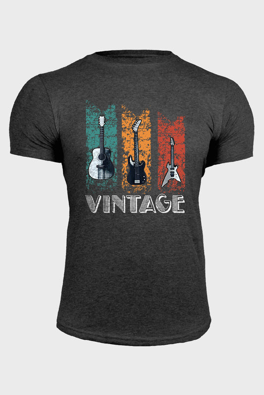 Gray VINTAGE Guitar Graphic Print Muscle Fit Men's T Shirt Gray 62%Polyester+32%Cotton+6%Elastane Men's Tops JT's Designer Fashion