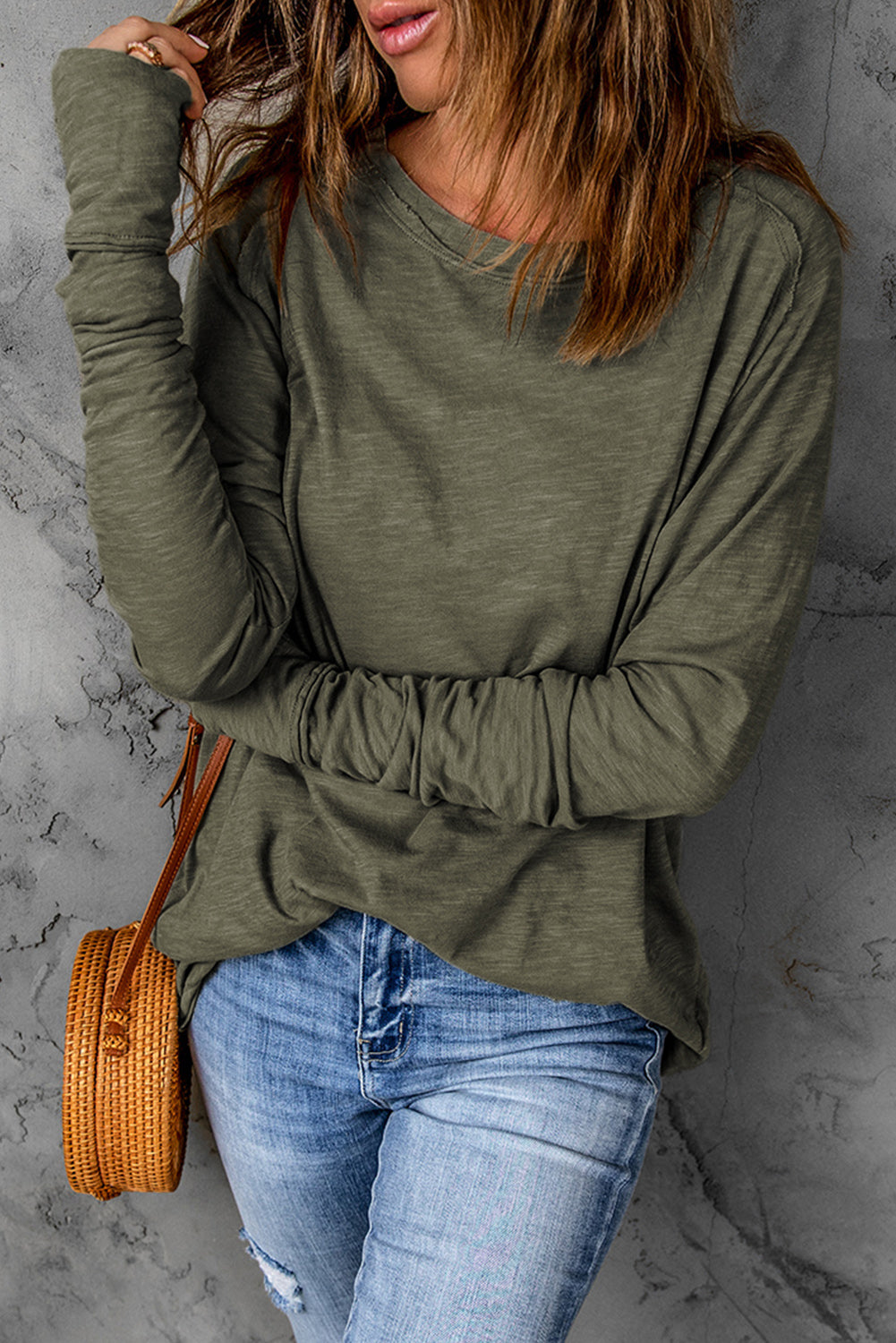 Green Solid Crew Neck Long Sleeve Long Sweatshirt Long Sleeve Tops JT's Designer Fashion