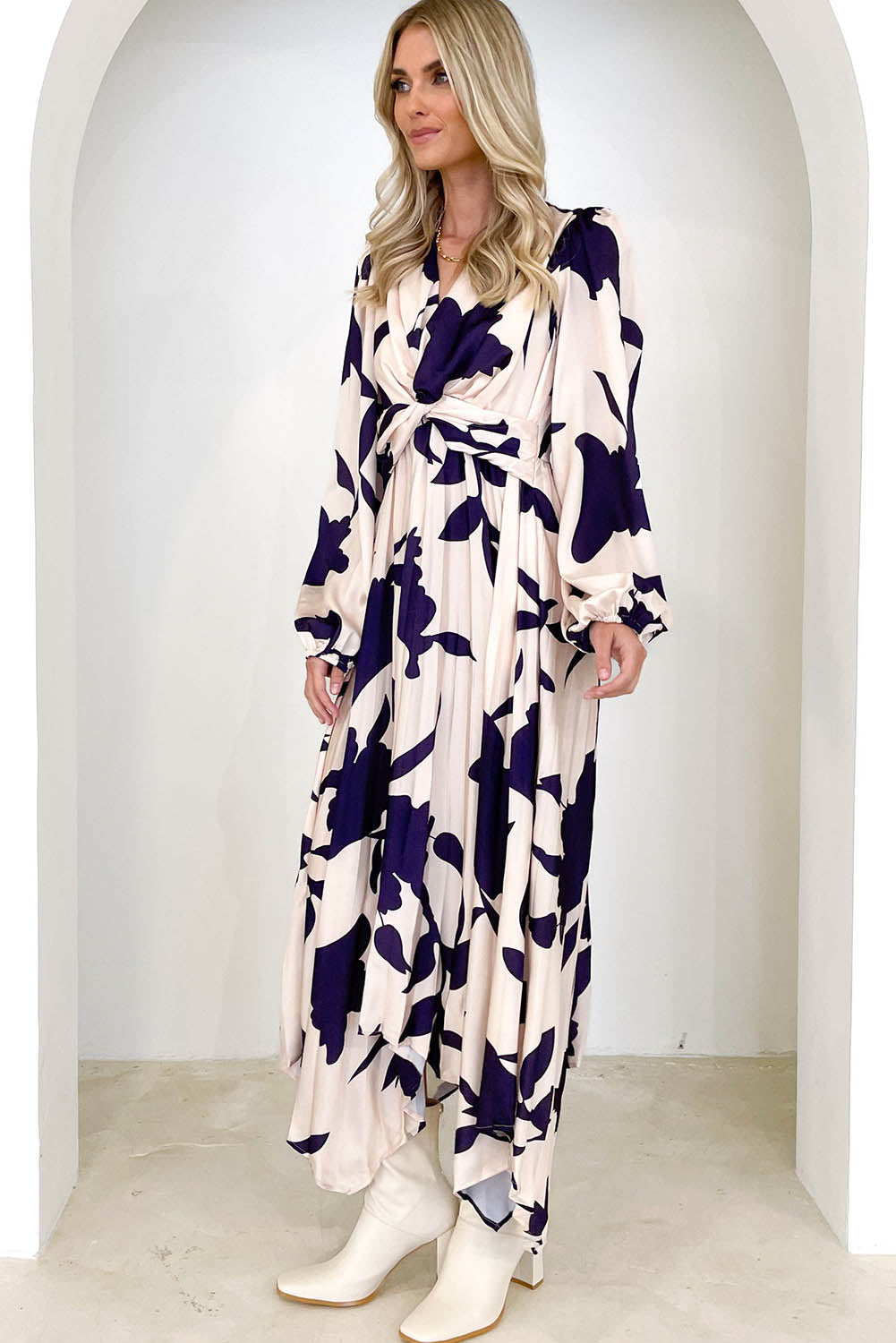 White Twisted Front Bubble Sleeve Floral Print Midi Dress Dresses JT's Designer Fashion
