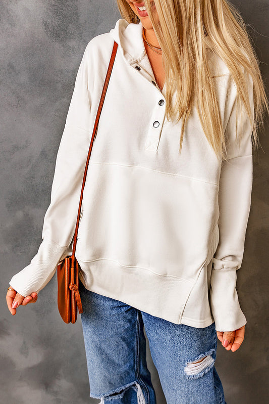 White Batwing Sleeve Pocketed Henley Hoodie White 50%Polyester+50%Cotton Sweatshirts & Hoodies JT's Designer Fashion