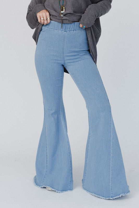 Light Blue Elastic Waist Raw Hem Bell Bottom Jeans Bottoms JT's Designer Fashion