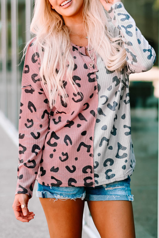 Leopard Colorblock Waffle Knit Henley Top Leopard 100%Polyester Long Sleeve Tops JT's Designer Fashion
