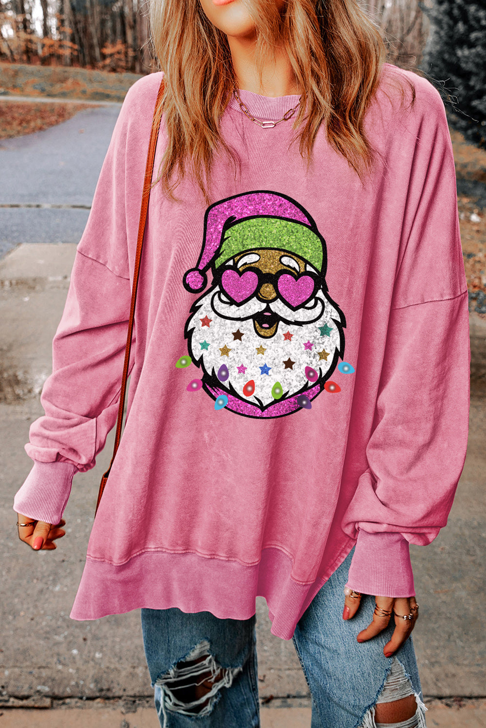 Barbie Style Pink Father Christmas Print Drop Shoulder Split Sweatshirt Pink 75%Polyester+25%Cotton Graphic Sweatshirts JT's Designer Fashion