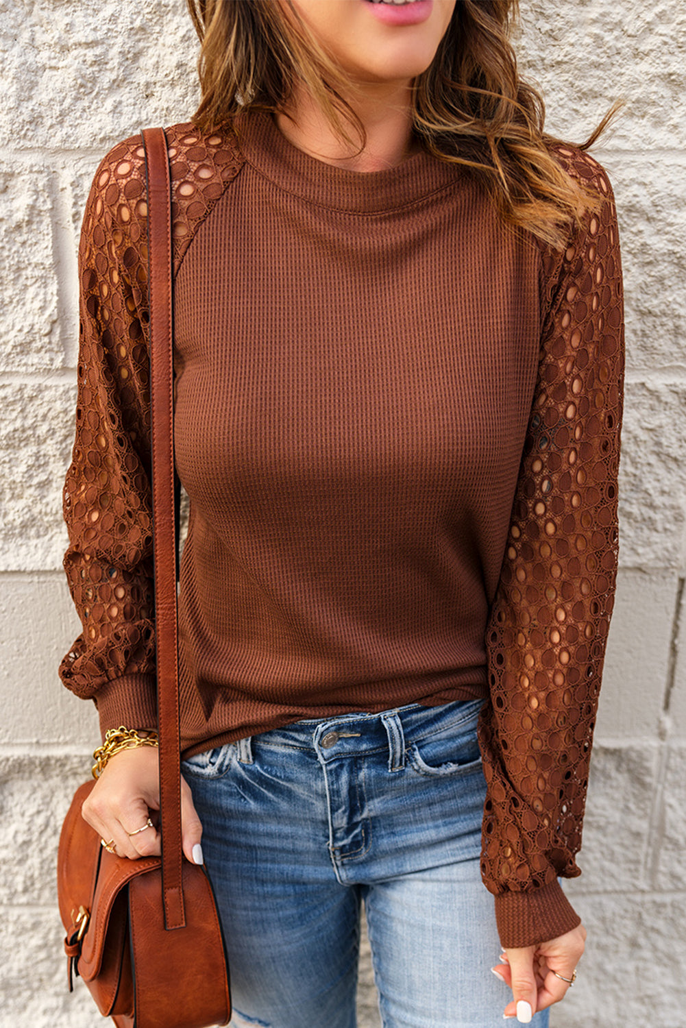 Brown Lace Contrast Long Sleeve Waffle Knit Top Brown 95%Polyester+5%Elastane Long Sleeve Tops JT's Designer Fashion