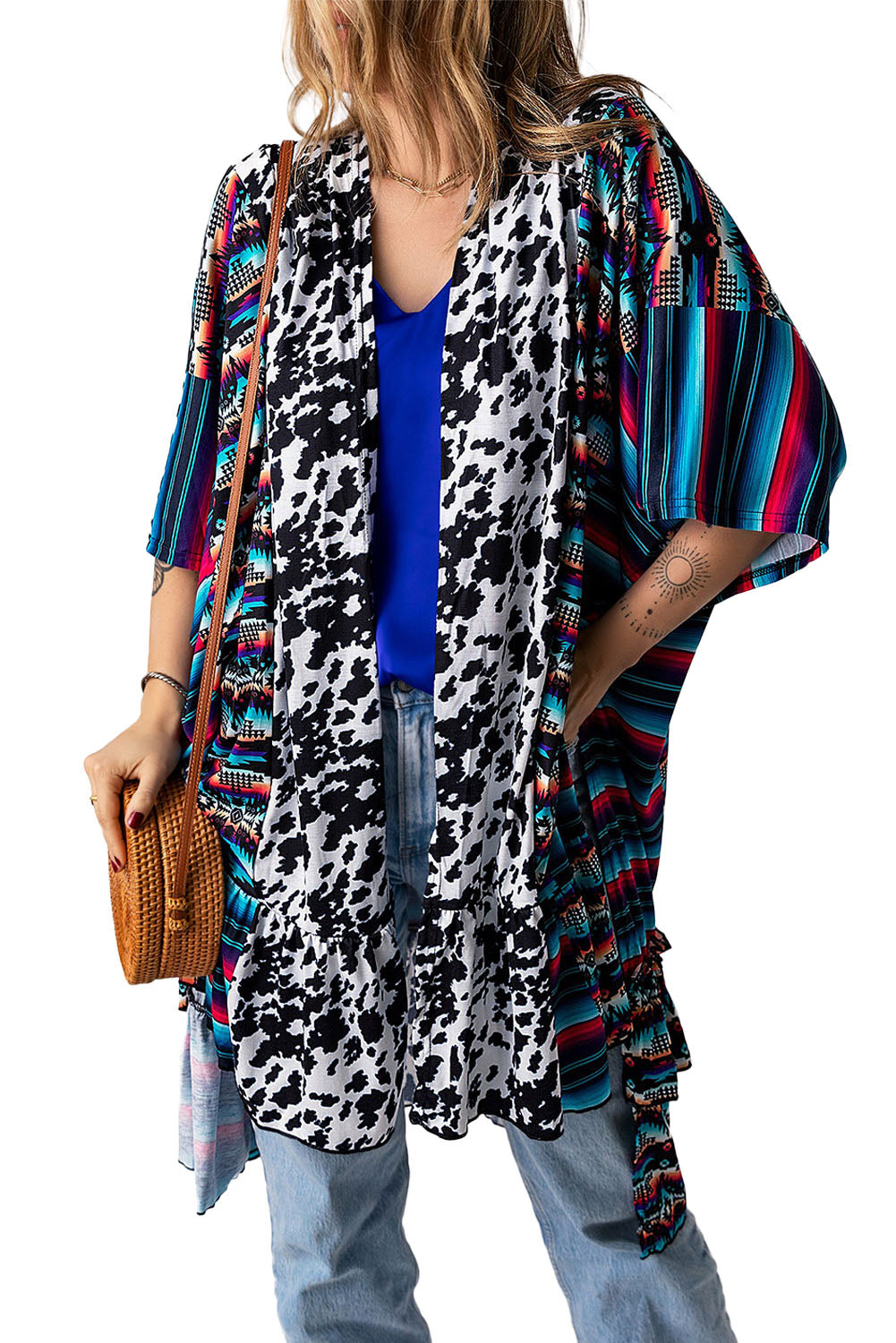 Multicolor Cow Serape Aztec Print Kimono Cardigan Kimonos JT's Designer Fashion