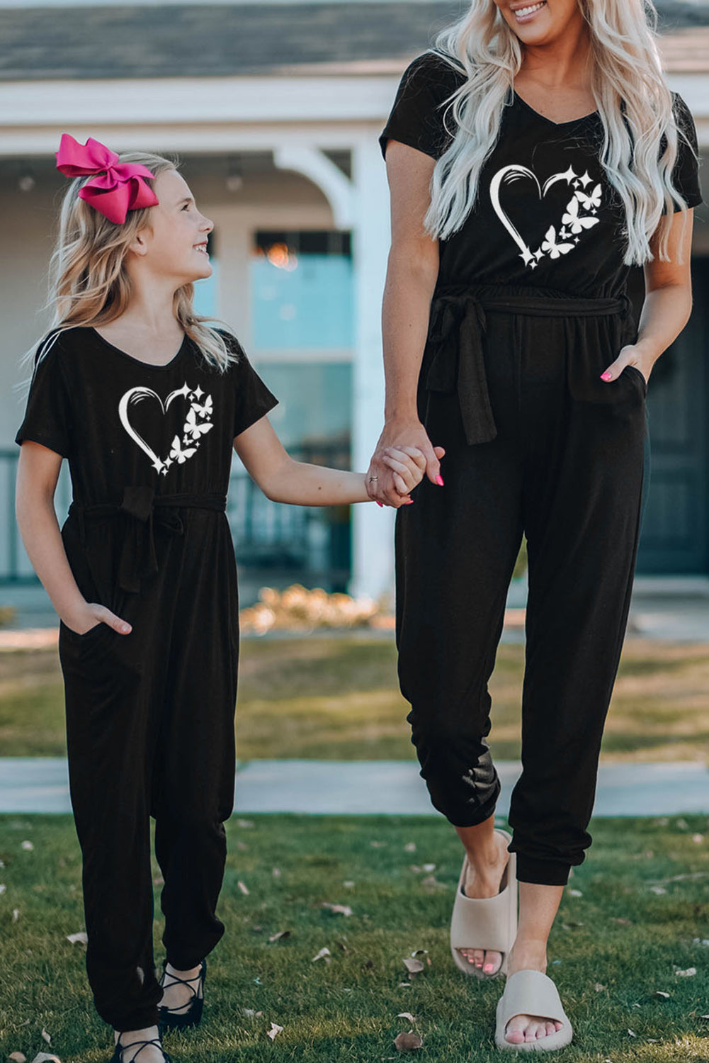 Family Matching Butterfly Heart Print Belted Short Sleeve Jumpsuit Black 60%Polyester+35%Viscose+5%Elastane Family Bottoms JT's Designer Fashion