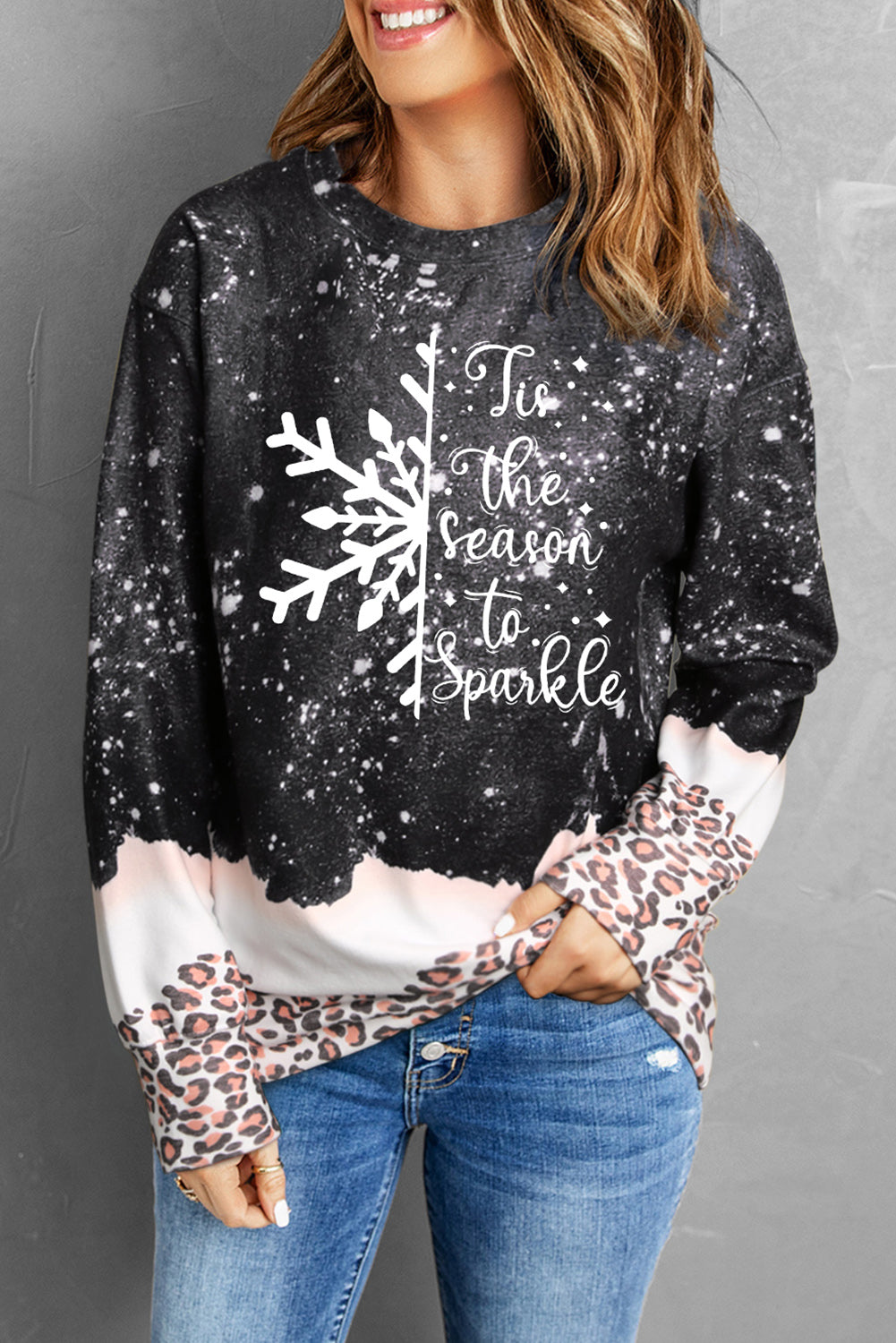 Black Christmas Season Sparkle Leopard Bleached Sweatshirt Graphic Sweatshirts JT's Designer Fashion