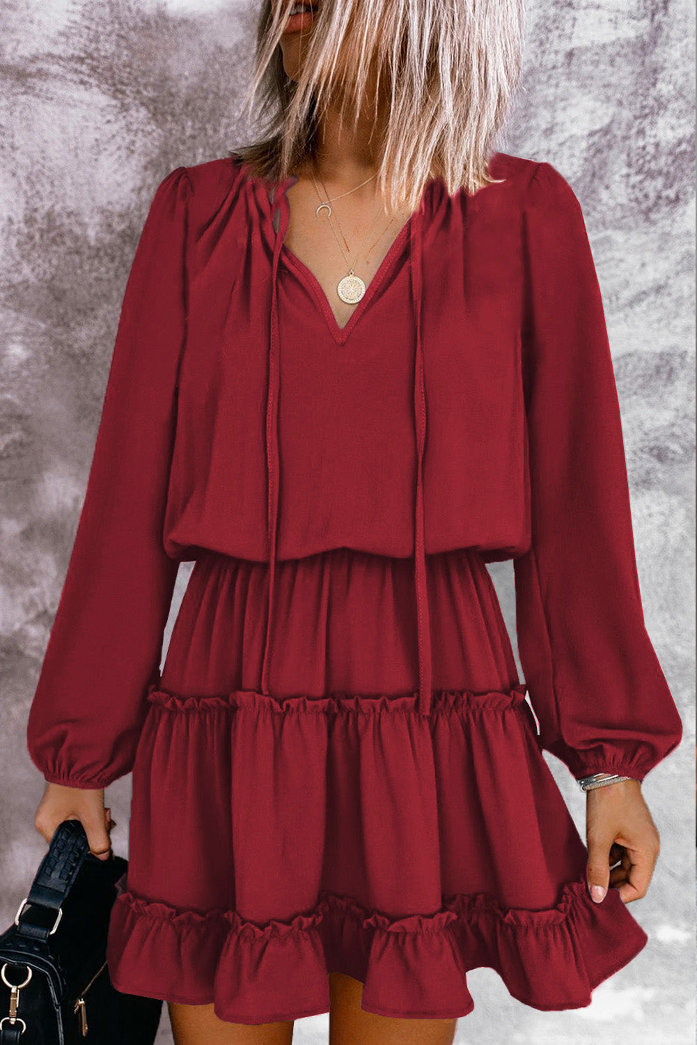 V Neck Long Sleeve Ruffle Tiered Mini Dress Mini Dresses JT's Designer Fashion