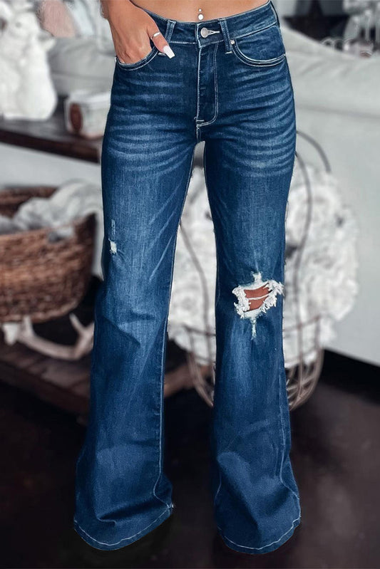 Blue Asymmetric Open Knee Distressed Flare Jeans Jeans JT's Designer Fashion