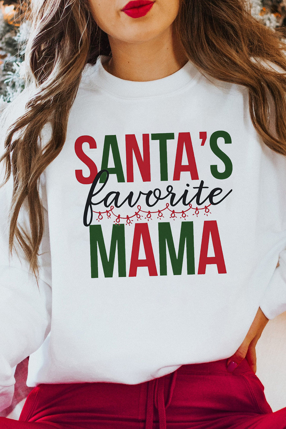 White Santa's Favorite Mama Long Sleeve Sweatshirt White 70%Polyester+30%Cotton Graphic Sweatshirts JT's Designer Fashion