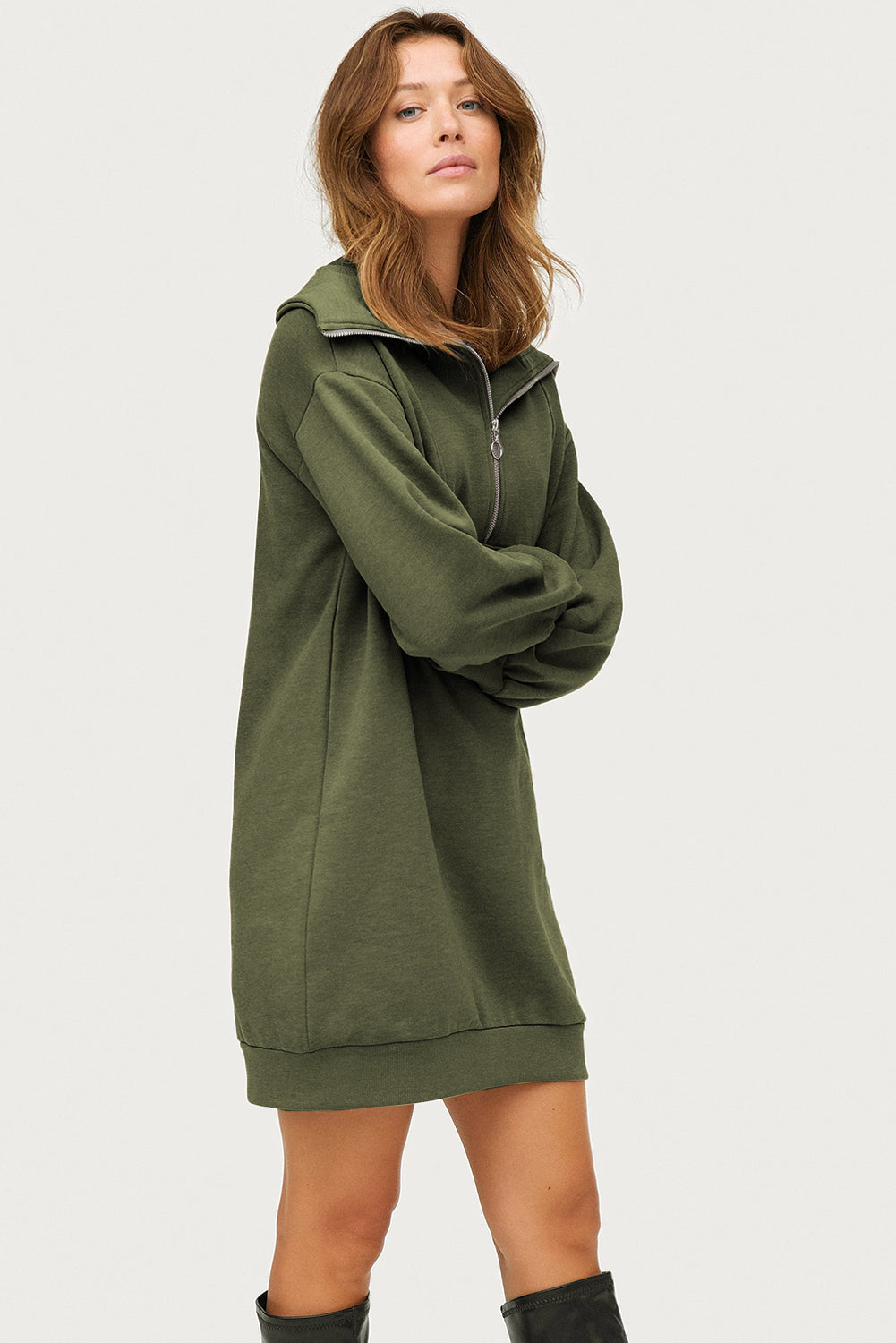 Green Solid Zipped Big Collar Sweatshirt Dress Dresses JT's Designer Fashion