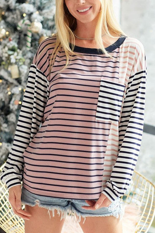 Striped Patchwork Pocketed Long Sleeve Top Stripe 85%Polyester+10%Cotton+5%Elastane Long Sleeve Tops JT's Designer Fashion