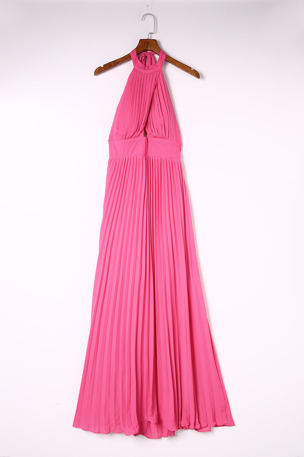 Rose Pink Halter Sleeveless Open Back Pleated Maxi Dress Evening Dresses JT's Designer Fashion