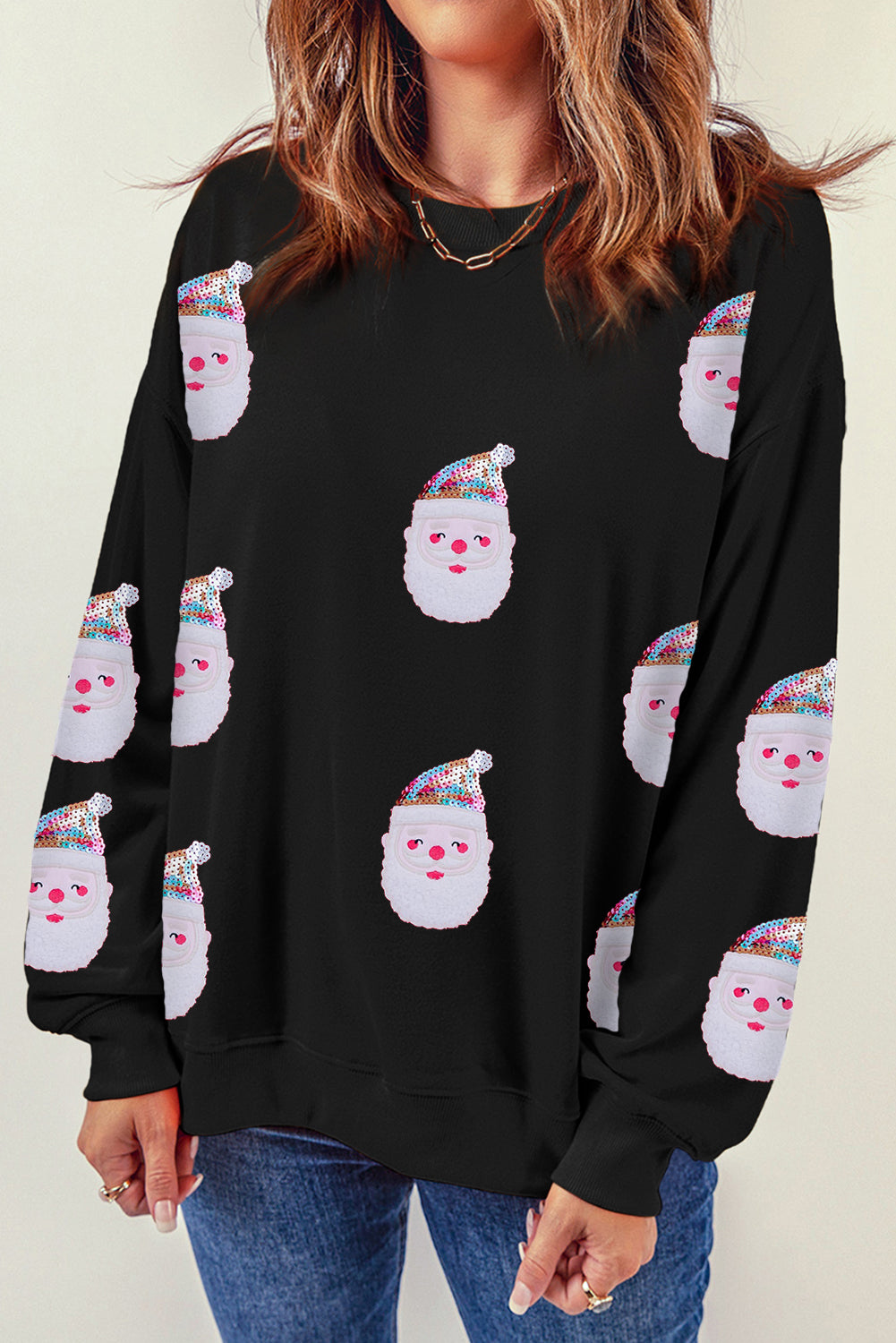 Black Sequined Christmas Santa Clause Graphic Sweatshirt Graphic Sweatshirts JT's Designer Fashion