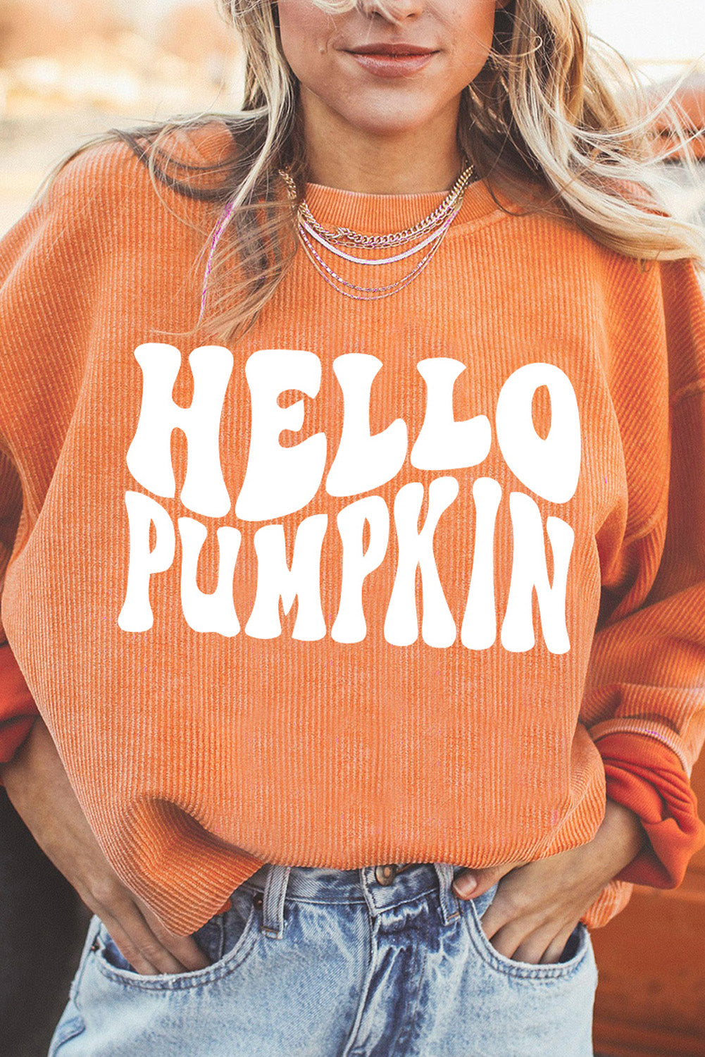Orange HELLO PUMPKIN Letter Graphic Corded Sweatshirt Orange-3 100%Polyester Graphic Sweatshirts JT's Designer Fashion