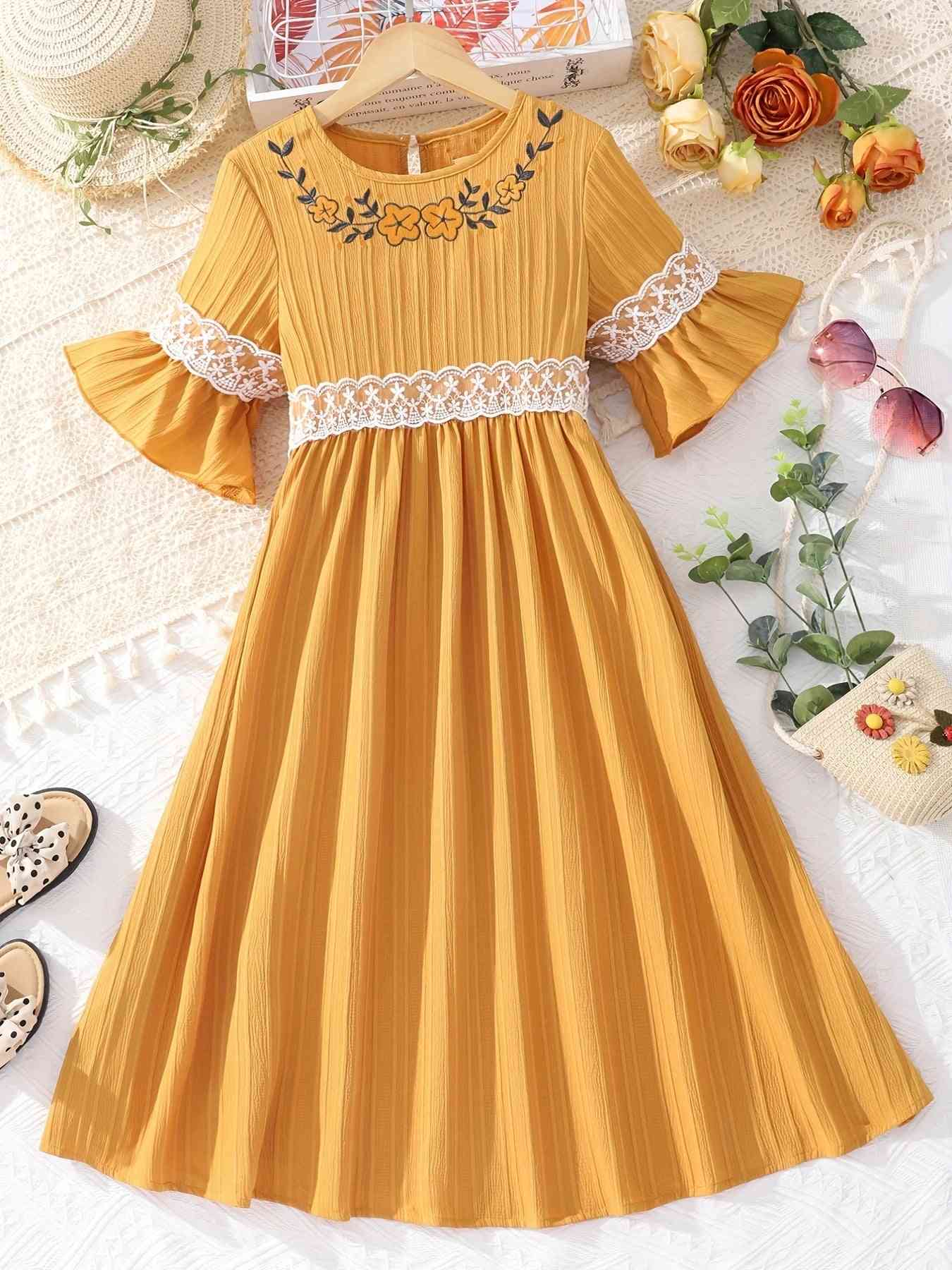 Lace Waistband Embroidery Round Neck Flounce Sleeve Dress Mustard Girls Dresses JT's Designer Fashion