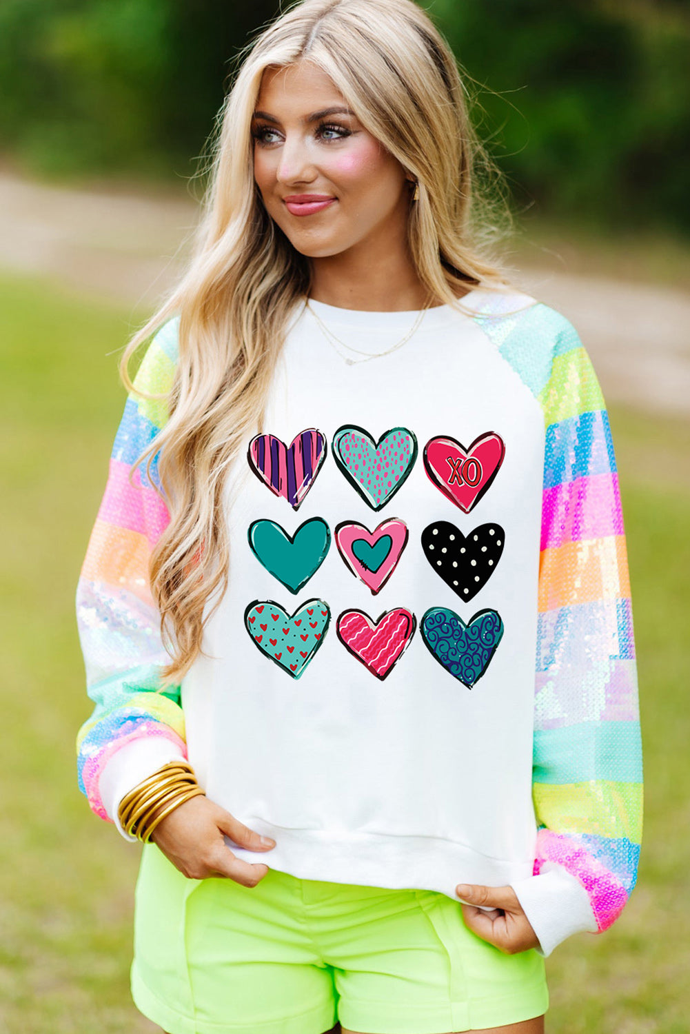 White Sequin Striped Raglan Sleeve Heart Print Sweatshirt Graphic Sweatshirts JT's Designer Fashion