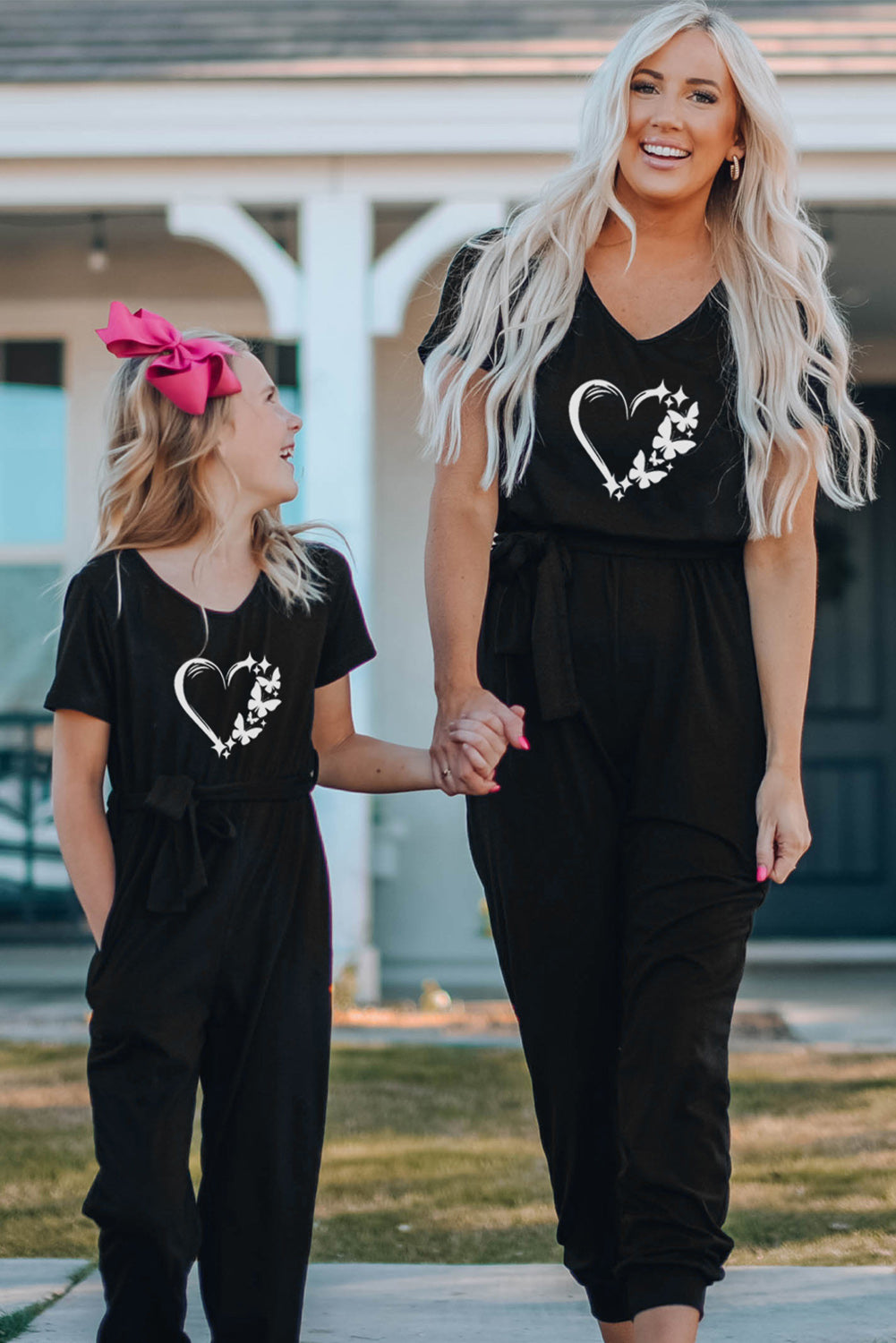 Family Matching Butterfly Heart Print Belted Short Sleeve Girl's Jumpsuit Black 60%Polyester+35%Viscose+5%Elastane Family Bottoms JT's Designer Fashion