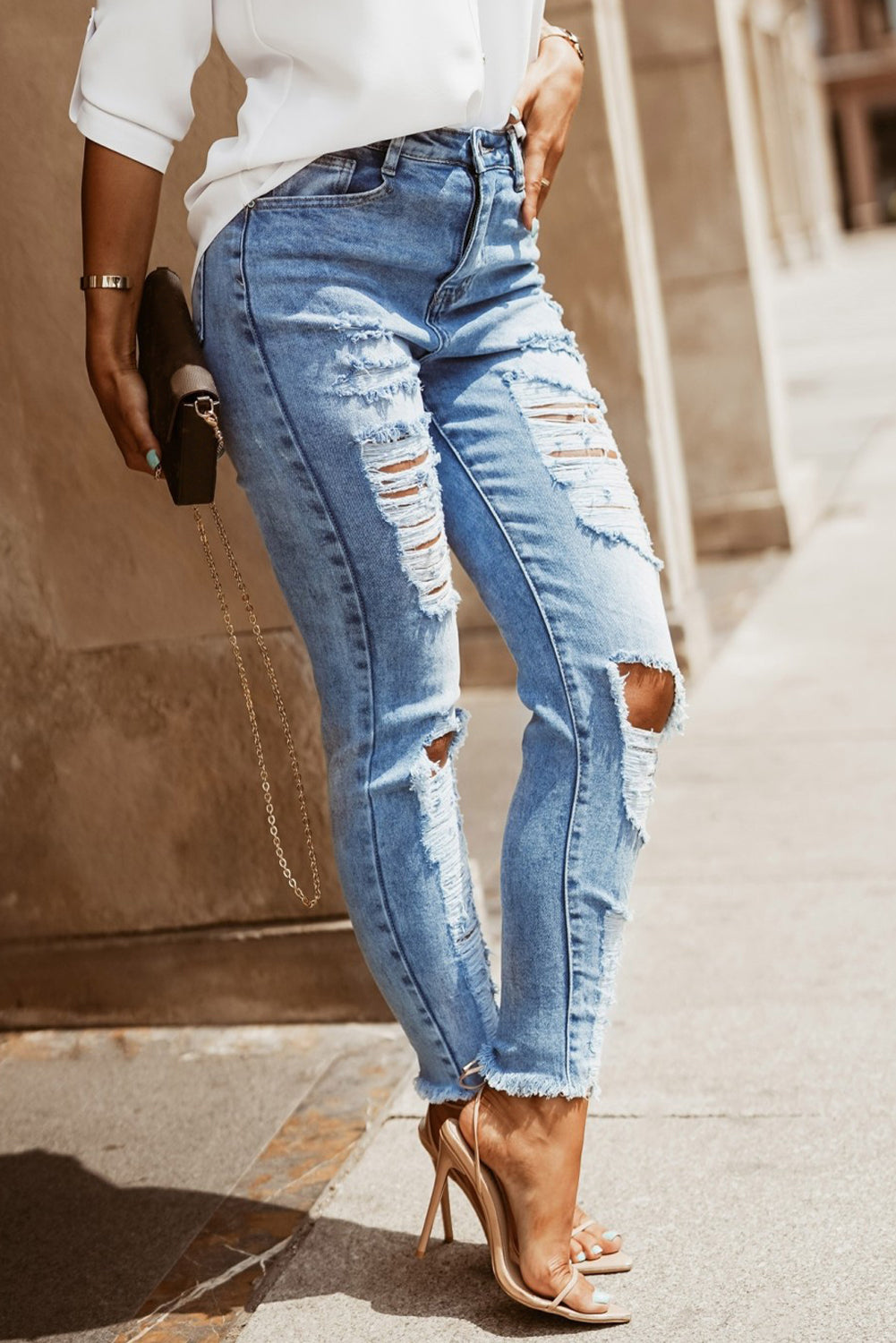 Sky Blue Distressed Straight Leg High Waist Jeans Jeans JT's Designer Fashion