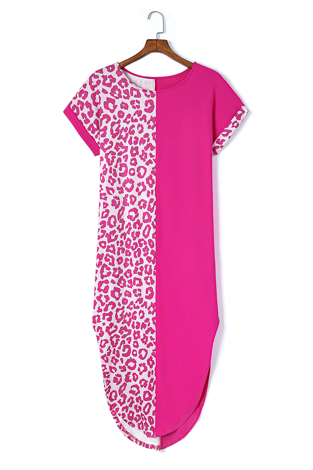 Rose Contrast Solid Leopard Short Sleeve T-shirt Dress with Slits T Shirt Dresses JT's Designer Fashion