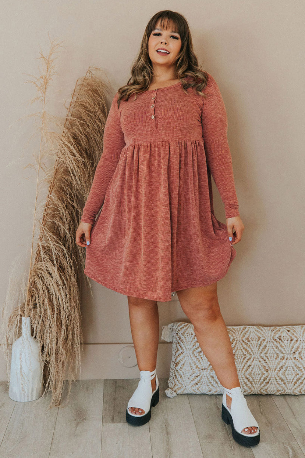 Red Plus Size Mineral Washed Ribbed Henley Dress Plus Size Dresses JT's Designer Fashion