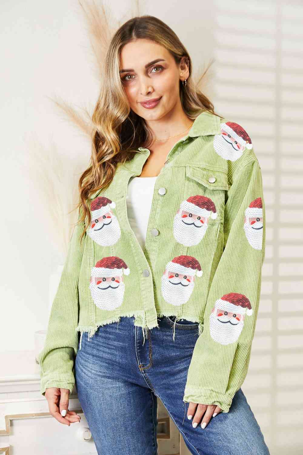 Santa Sequin Raw Hem Jacket Matcha Green Coats & Jackets JT's Designer Fashion