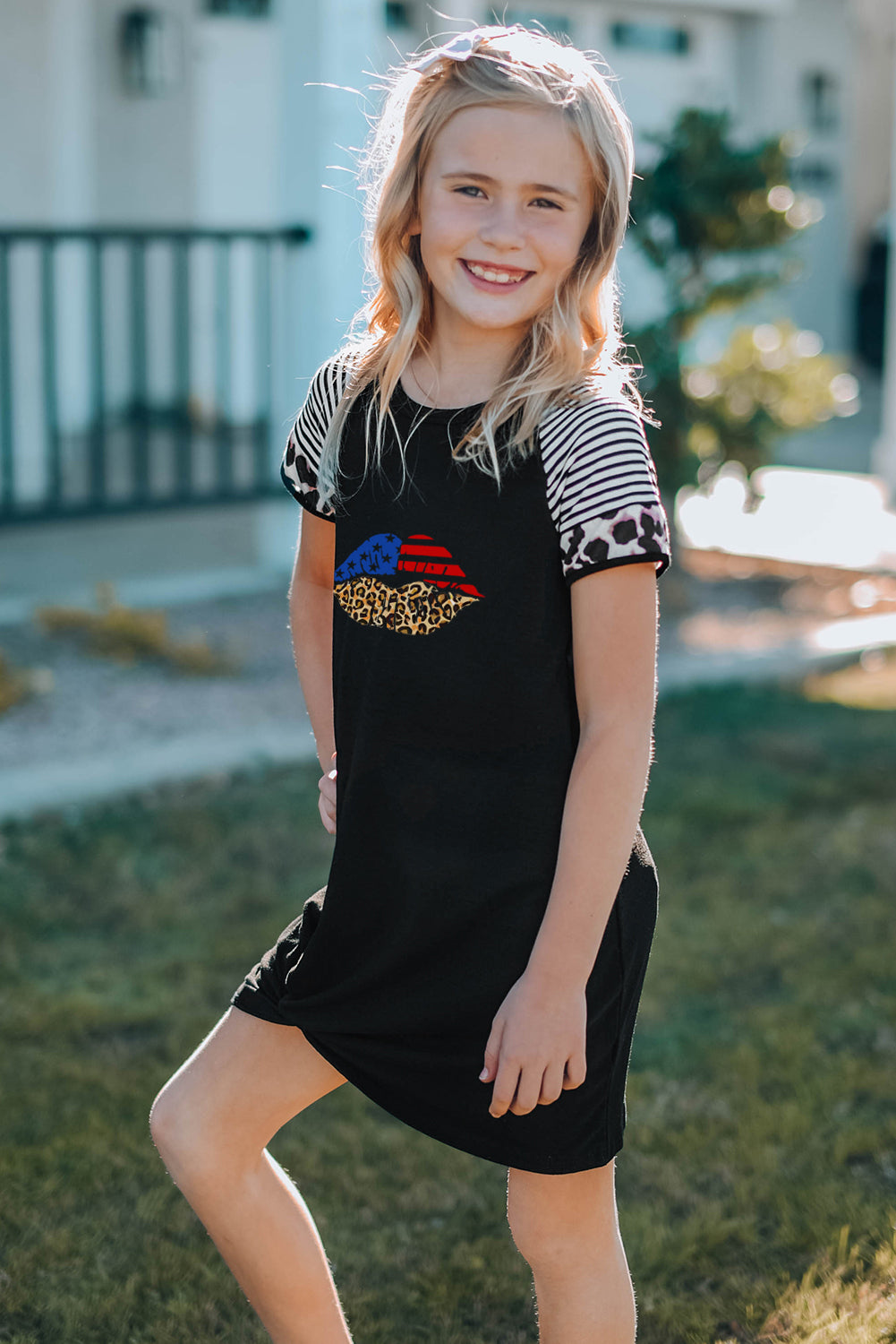Black American Flag Leopard Lip Print Kids T Shirt Dress Family Dress JT's Designer Fashion