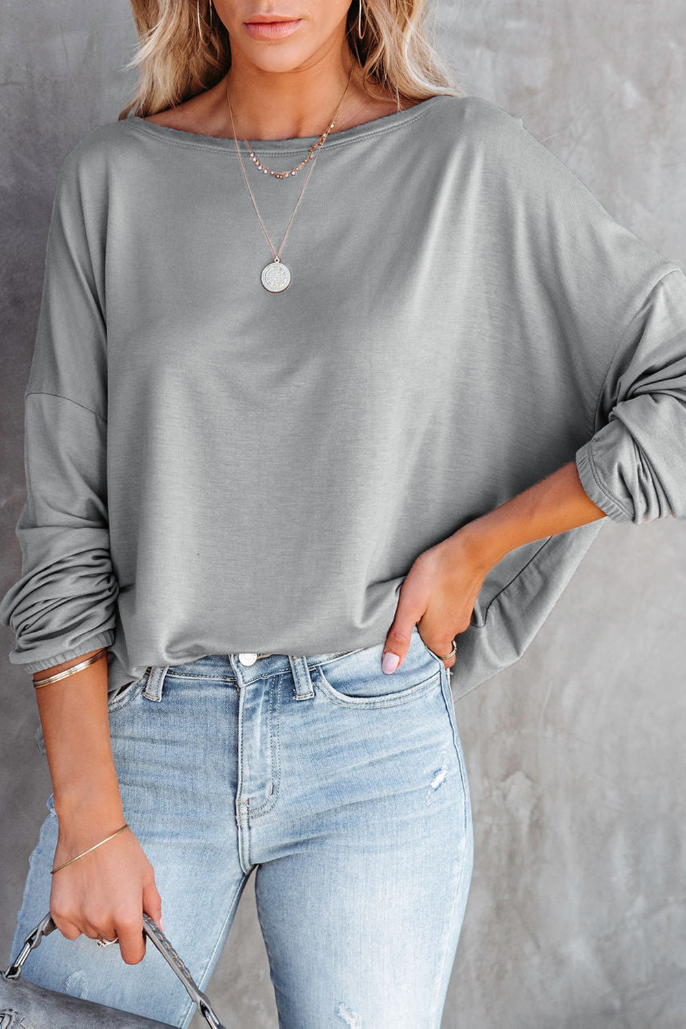 Gray Loose Fit Wide Neck Batwing Sleeves Top Gray 75%Polyester+20%Cotton+5%Elastane Long Sleeve Tops JT's Designer Fashion