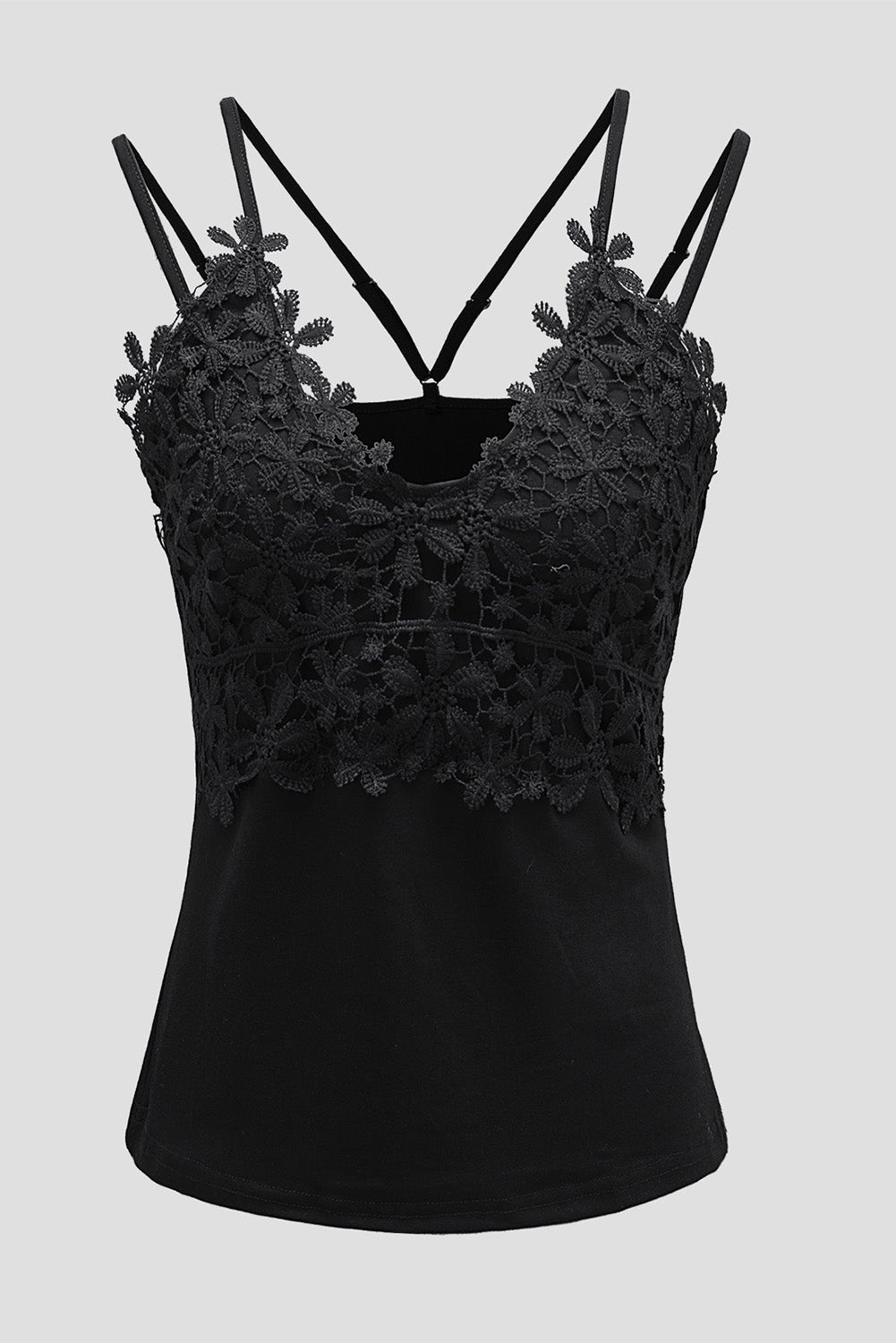 Black Lace Overlay Strappy Hollow-out Tank Top Tank Tops JT's Designer Fashion