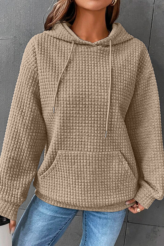 Khaki Lattice Textured Kangaroo Pocket Drawstring Hoodie Pre Order Sweatshirts & Hoodies JT's Designer Fashion