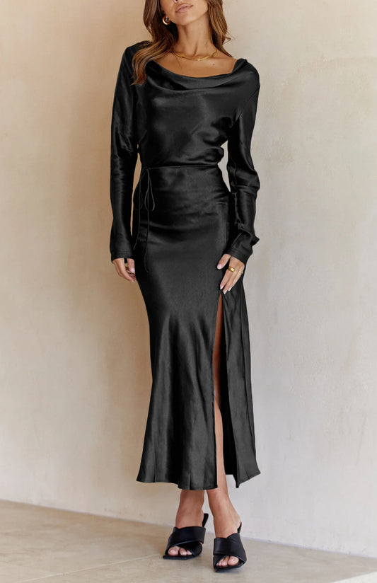 Black Drape Neck Tie Waist Long Sleeve Slit Dress Black 100%Polyester Maxi Dresses JT's Designer Fashion