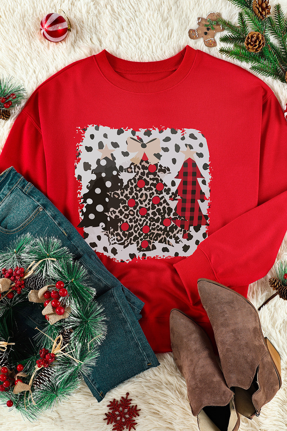 Fiery Red Multi Christmas Tree Pattern Casual Sweatshirt Graphic Sweatshirts JT's Designer Fashion