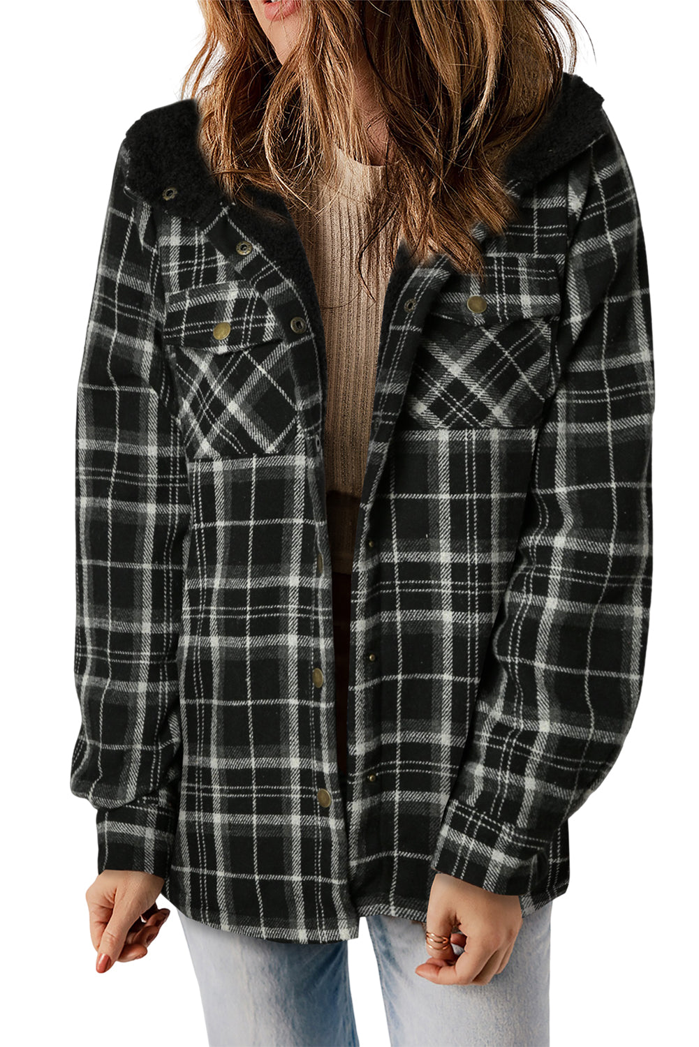 Black-2 Plaid Pattern Sherpa Lined Hooded Shacket Outerwear JT's Designer Fashion
