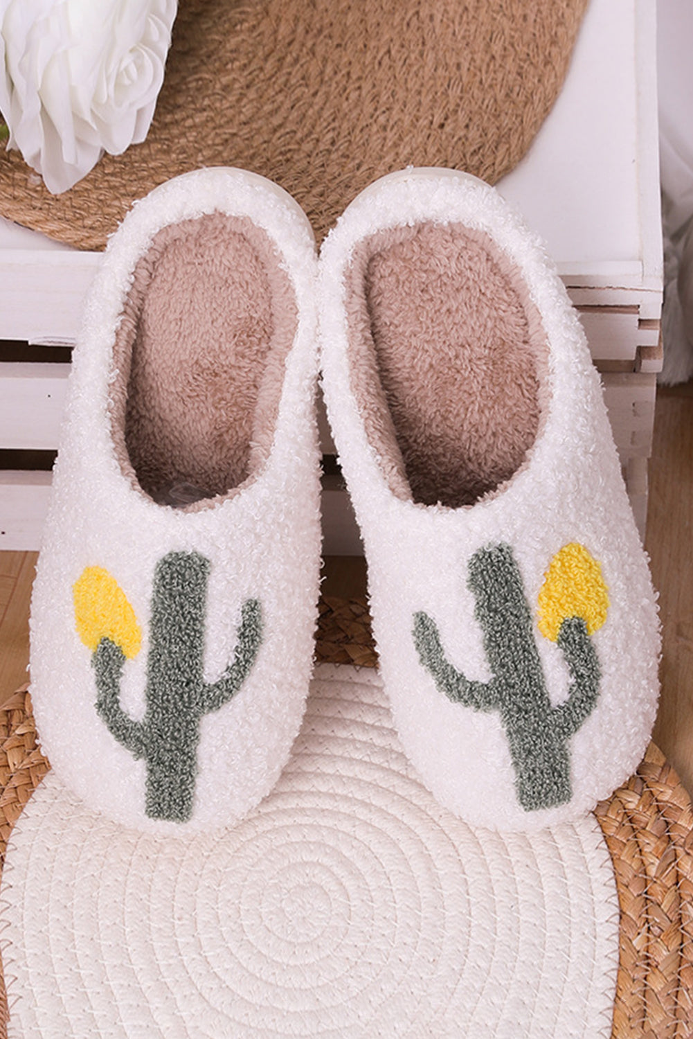 White Fuzzy Cactus Pattern Winter Home Slippers Slippers JT's Designer Fashion