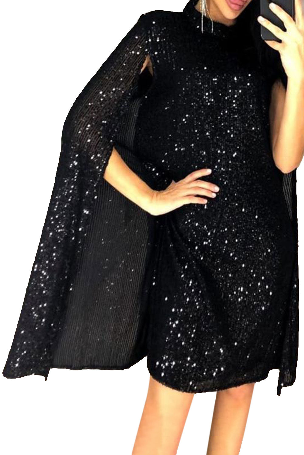 Black Glitter Mock Neck Cape Design Sequins Dress Black 95%Polyester+5%Spandex Sequin Dresses JT's Designer Fashion