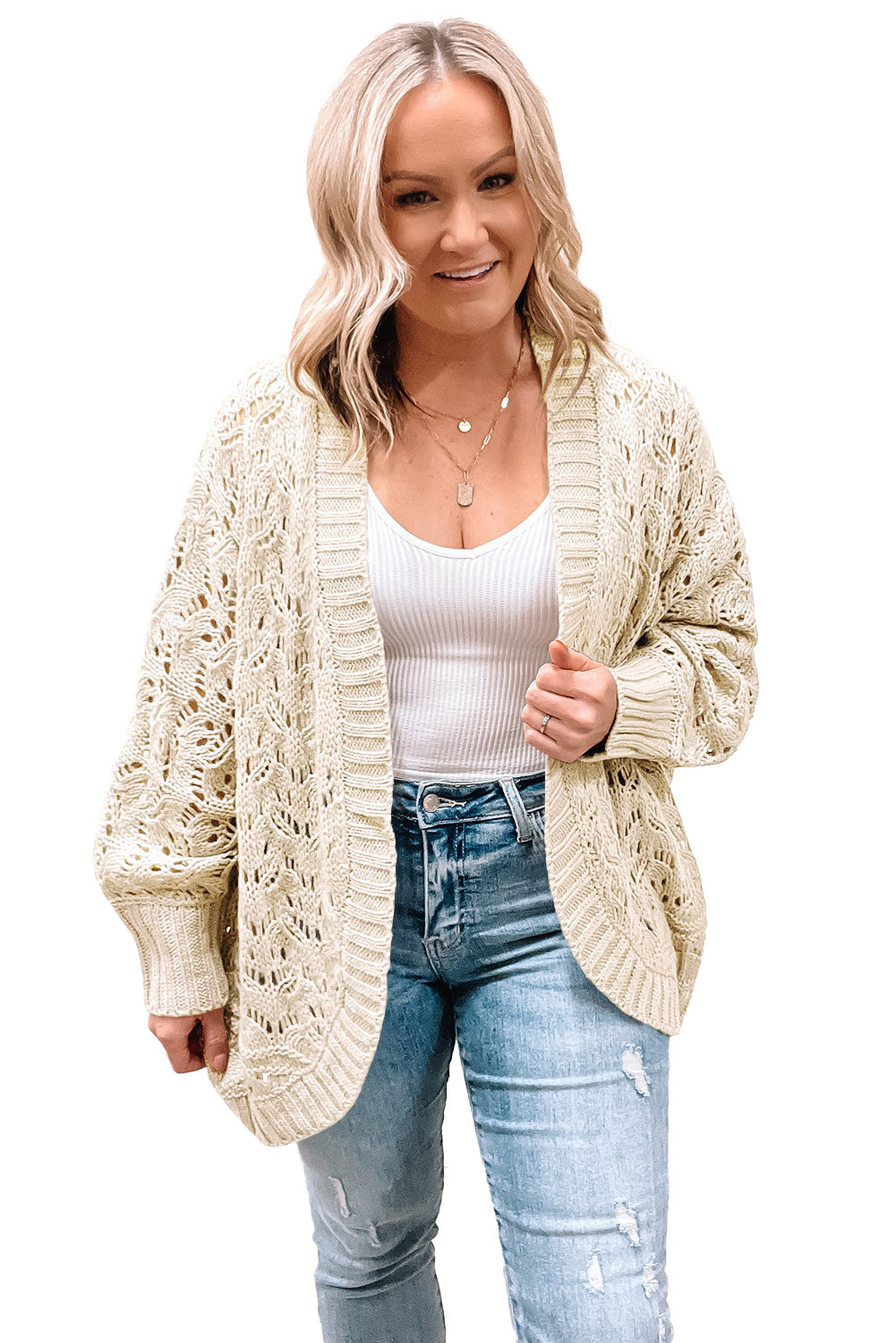 Beige Plus Size Textured Knit Open Ribbed Trim Cardigan Sweaters & Cardigans JT's Designer Fashion