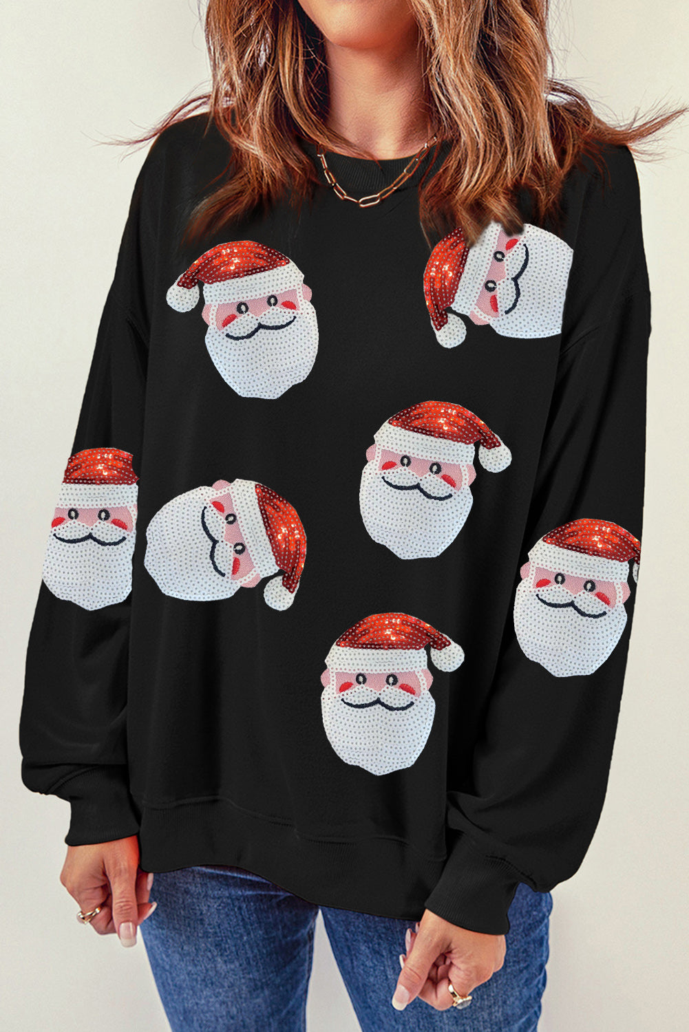 Black Santa Claus Sequin Graphic Sweatshirt Black 70%Polyester+30%Cotton Graphic Sweatshirts JT's Designer Fashion