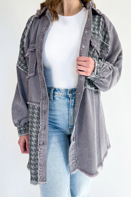 Medium Grey Retro Distressed Houndstooth Patchwork Denim Jacket Outerwear JT's Designer Fashion