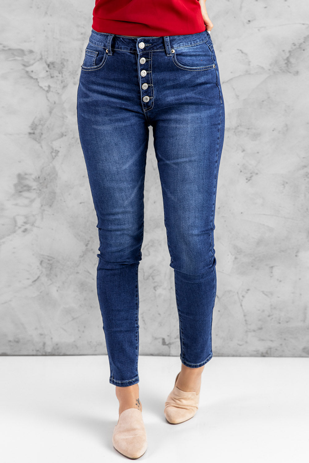 Blue High Rise Skinny Button Fly Jeans Jeans JT's Designer Fashion