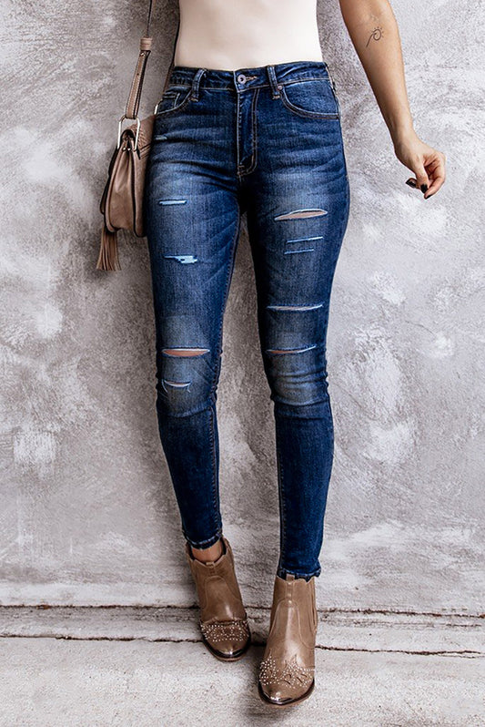 Blue Blue Ripped High Rise Ankle Length Skinny Jeans Blue 75%Cotton+23%Polyester+2%Elastane Jeans JT's Designer Fashion