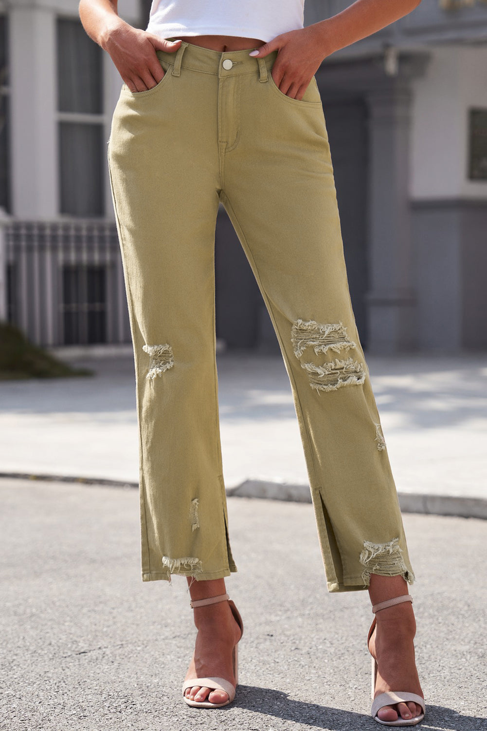 Khaki Distressed Raw Hem Straight Leg Jeans Jeans JT's Designer Fashion