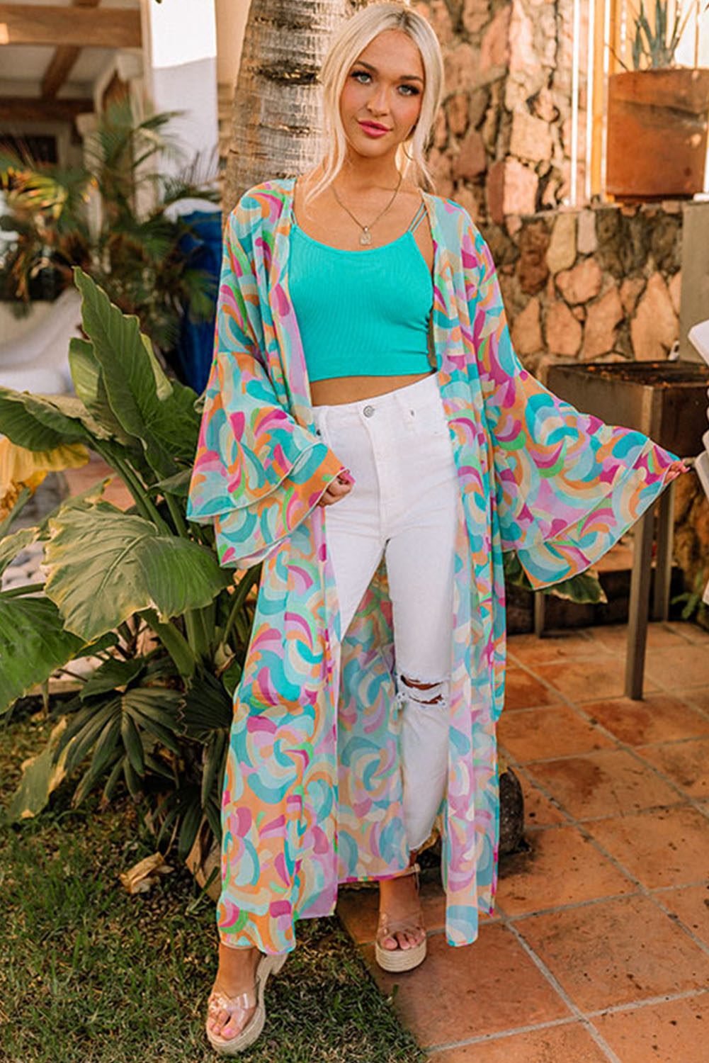 Multicolor Printed Double Layered Bell Sleeve Long Flowy Cardigan Kimonos JT's Designer Fashion